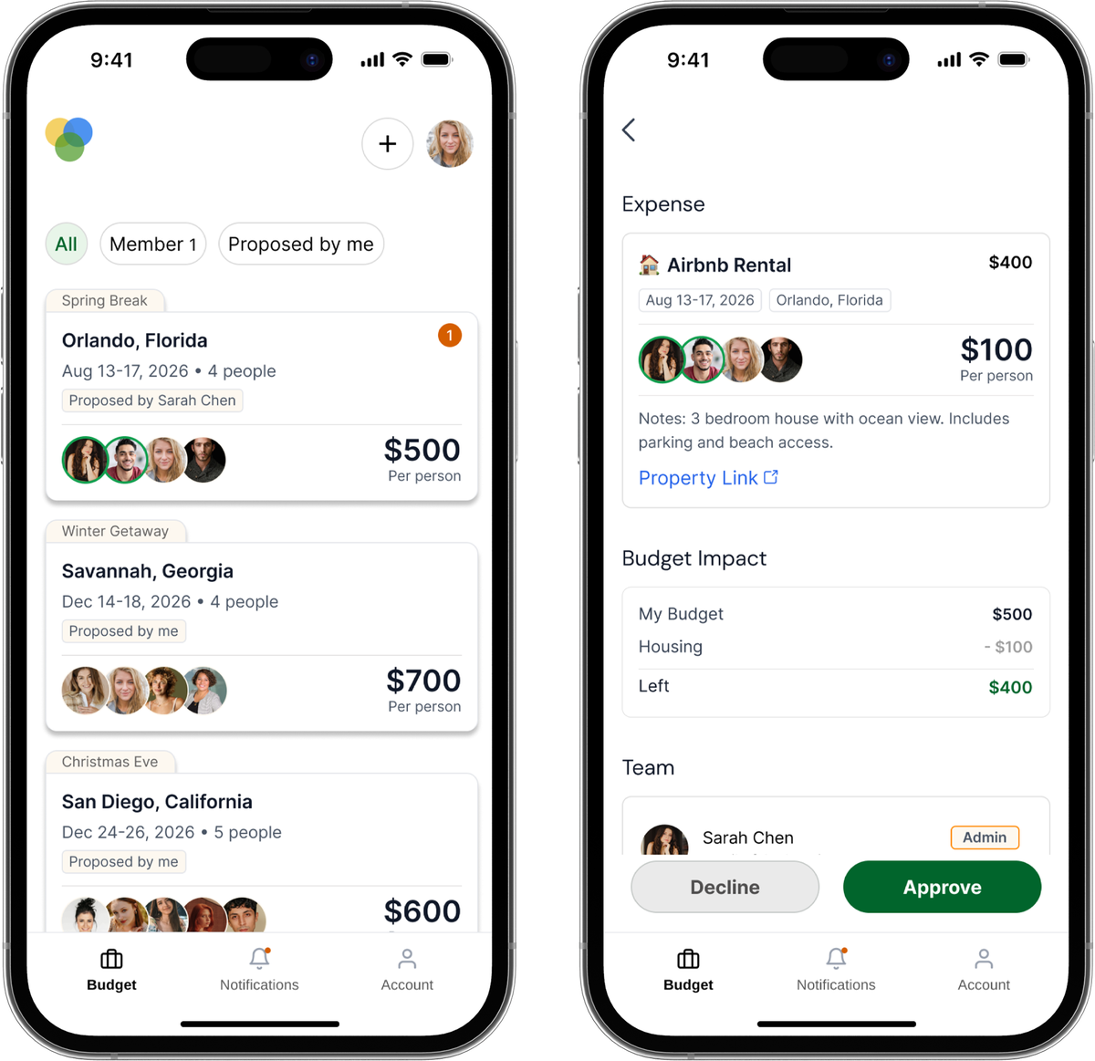 Two Pocket Budget phone screens showing shared trip budgets and an expense approval flow