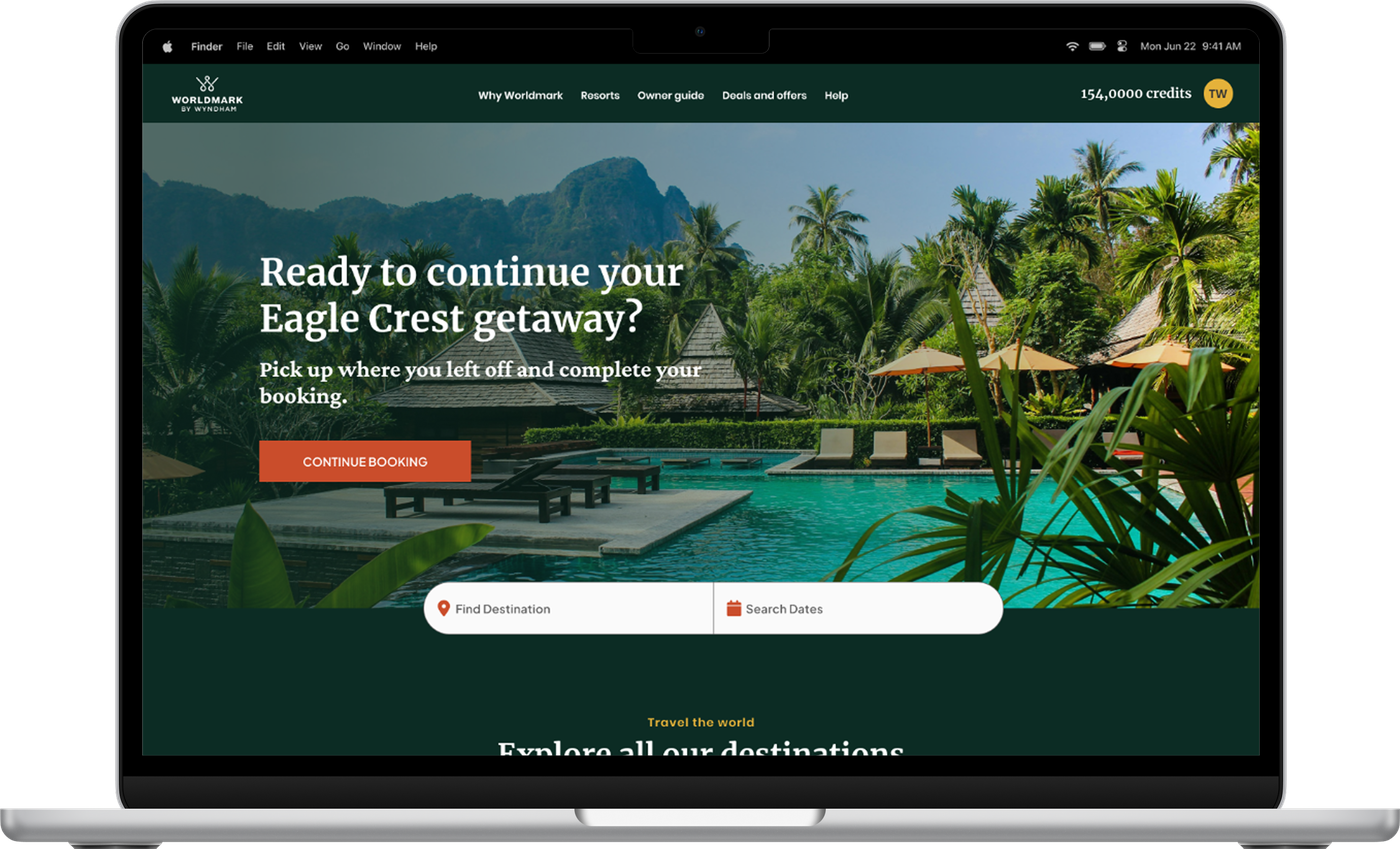 Travel + Leisure Co. booking site on a laptop, showing a “Ready to continue your Eagle Crest getaway?” prompt