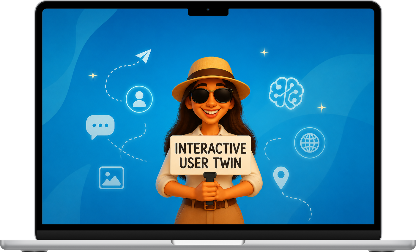 Laptop displaying an illustrated “Interactive User Twin” persona surrounded by AI interface icons