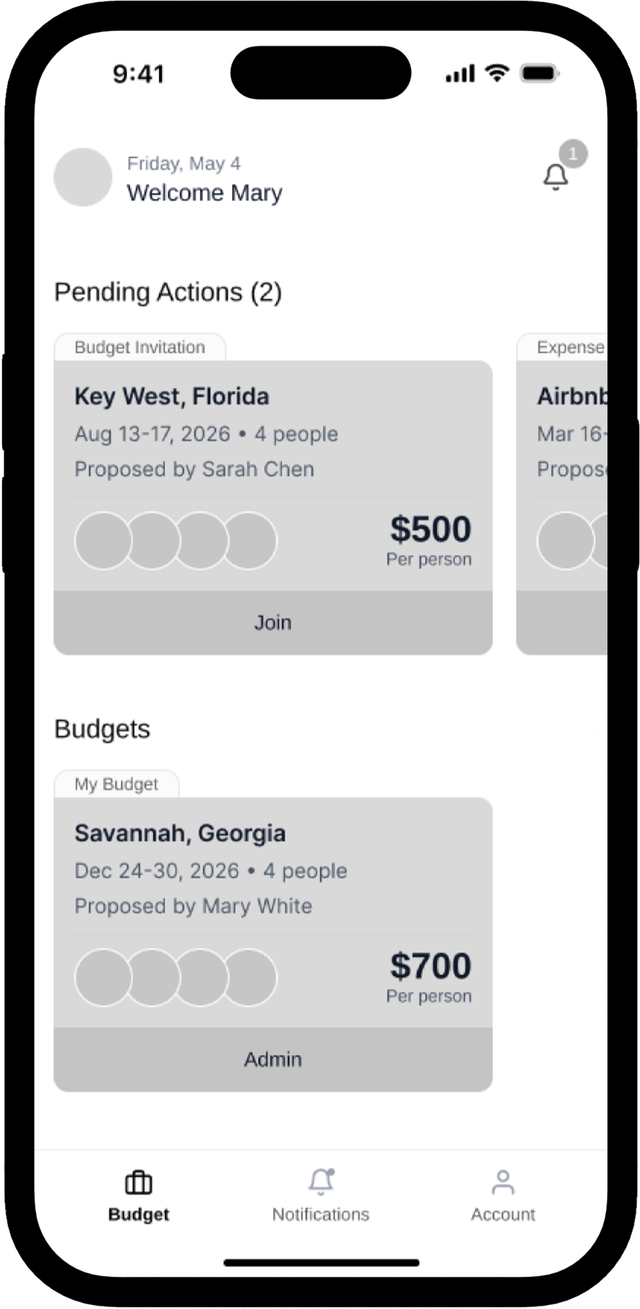 Initial wireframe with separate Pending Actions and Budgets sections