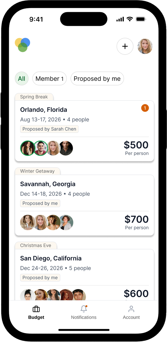 Iterated design with one unified budget list and All, Member and Proposed by me filter tabs