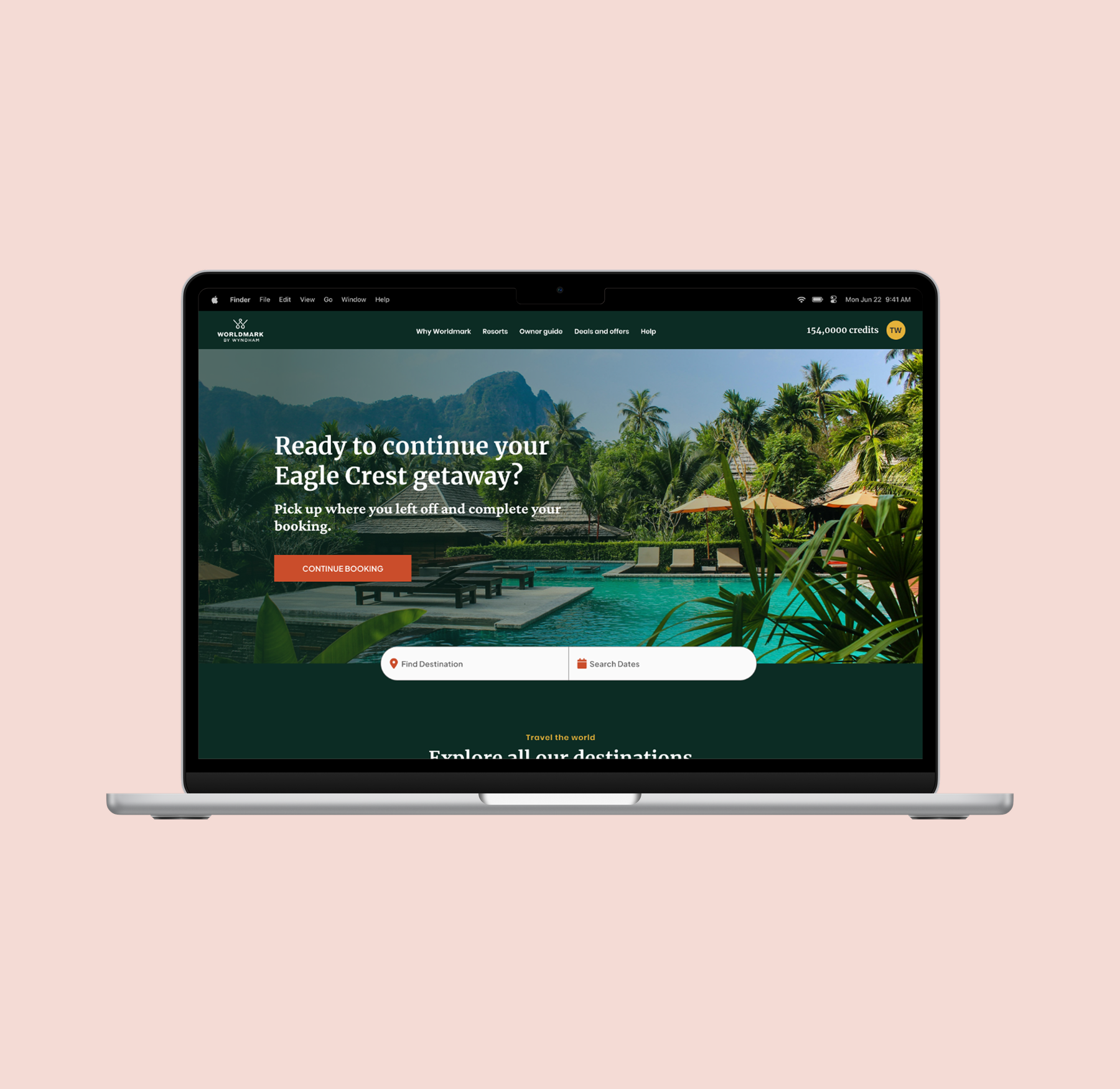 Redesigned WorldMark homepage on a laptop, prompting “Ready to continue your Eagle Crest getaway?” with a Continue Booking button