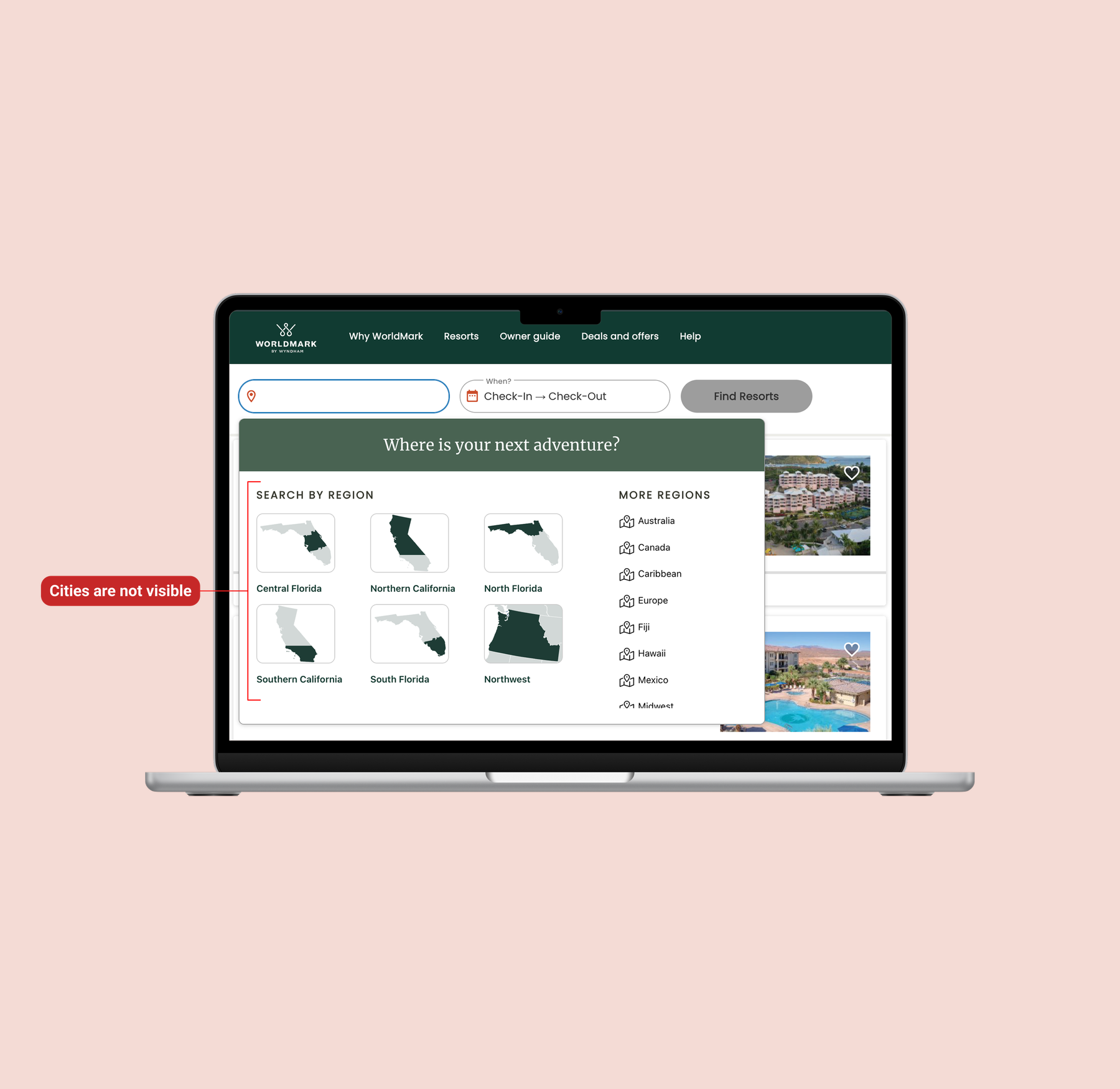 The original WorldMark search screen, where destinations are listed by region, with an annotation on the region list