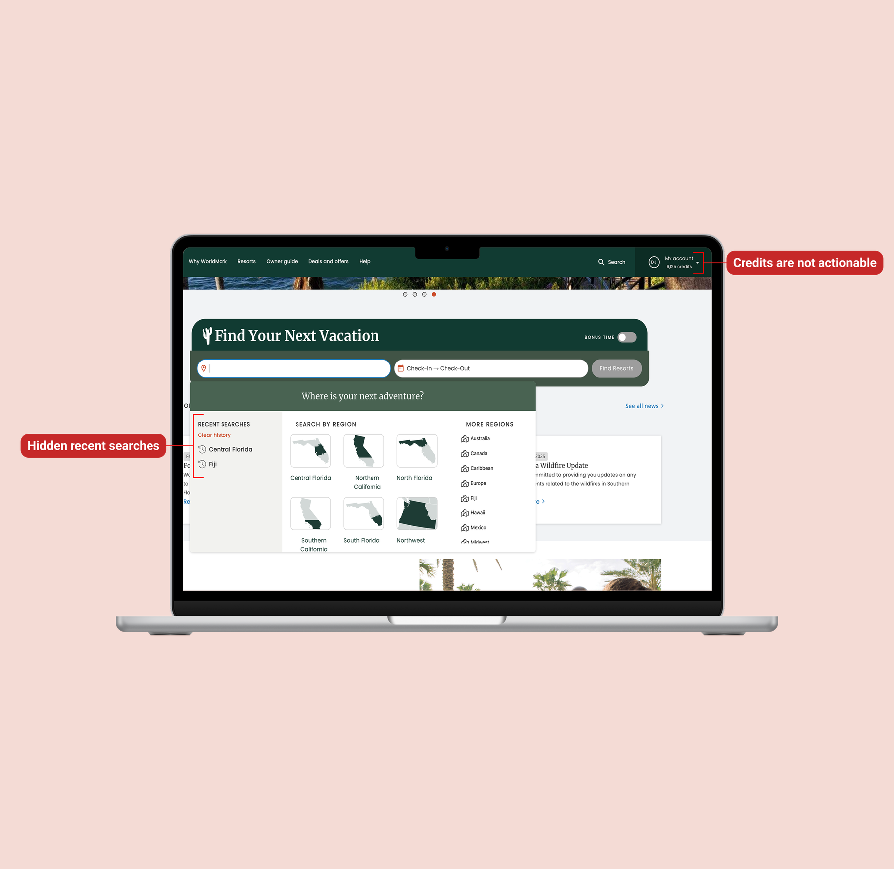 The original WorldMark “Find Your Next Vacation” search, with annotations where recent searches and credit guidance are hidden