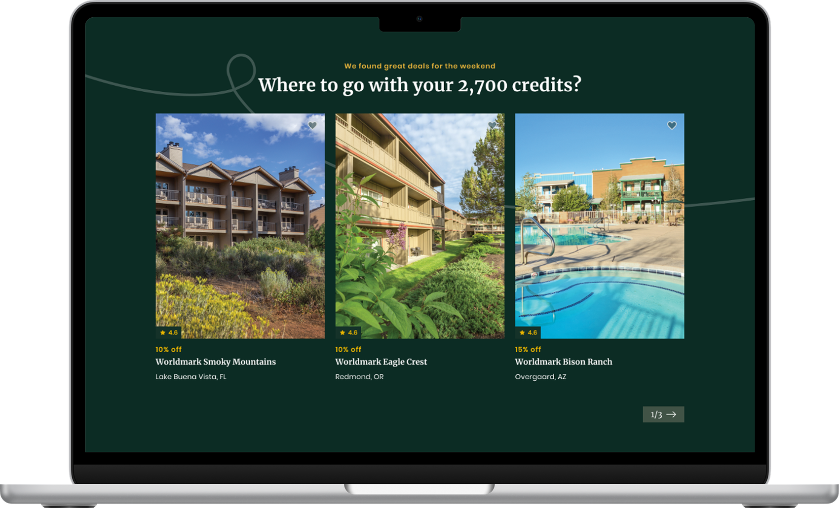 Redesign: “Where to go with your 2,700 credits?” showing three resorts the owner can book