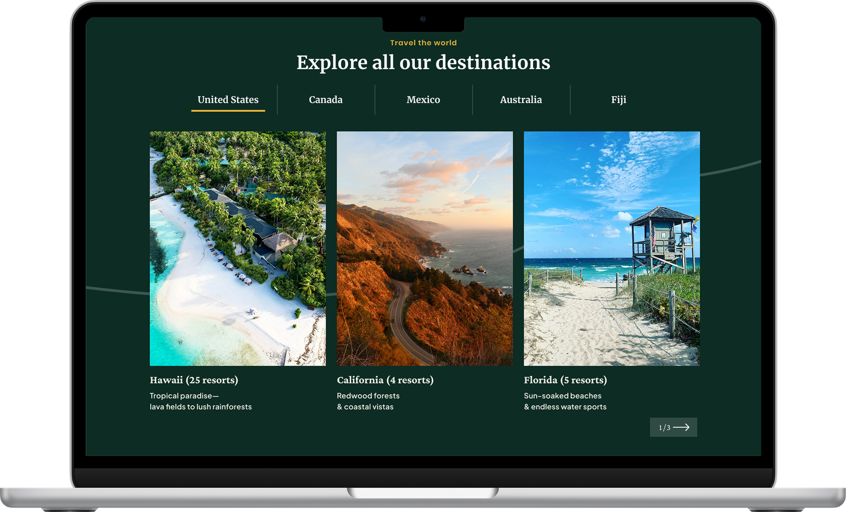 Redesign: “Explore all our destinations” with country tabs and photo cards for Hawaii, California and Florida